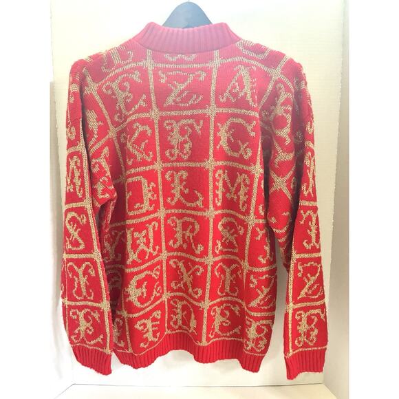 Vtg 80s Adele Boho Christmas All Over ABC Print Knit Sweater Gold/red Sz M - Picture 6 of 10